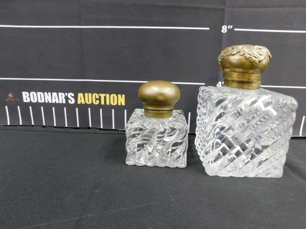 Lot 194: Lot of 2 Oversized Crystal Inkwells with Mixed Metal Tops
