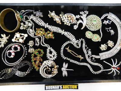 Lot of Rhinestone Costume Jewelry including Pin and Earring Sets, Many Necklaces, Bracelets. 
