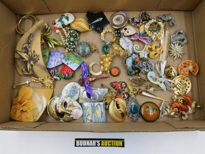 Lot of Costume Pins. Including Marcasite, Enamel and Rhinestone Dragon Signed Mer, Filagree 