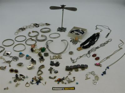 Lot of Silver-Tone Costume Jewelry including Cuffs, bangles, Rhinestone, Necklaces, Earrings 
