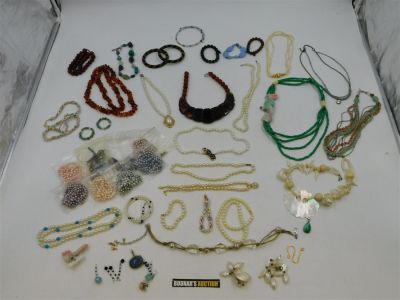 Lot of Costume Jewelry including Faux Pearls, Stone Necklaces. Plastic Beads, Mother of Pearl 