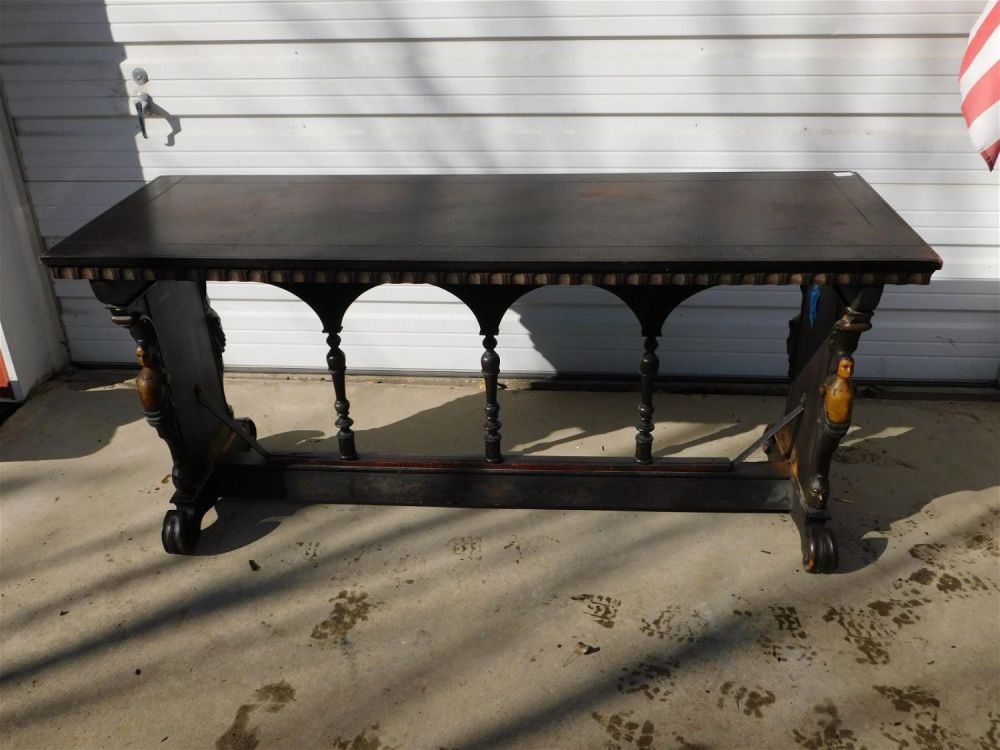 Lot 251: Heavily Carved Paint Decorated Walnut Library Table