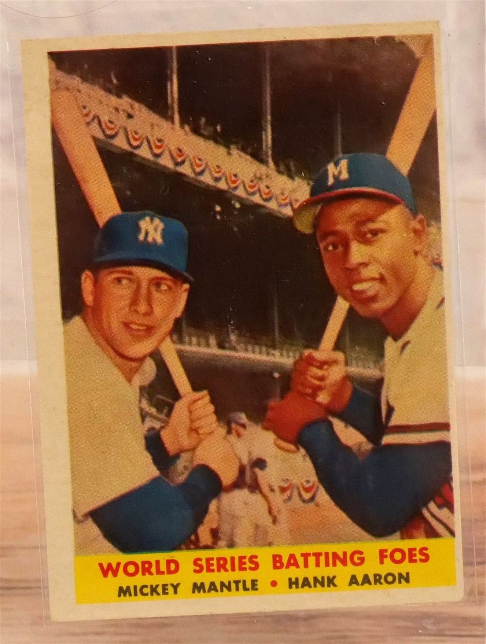 Lot 209: Batting Foes Mantle and Aaron Topps 1958 Card