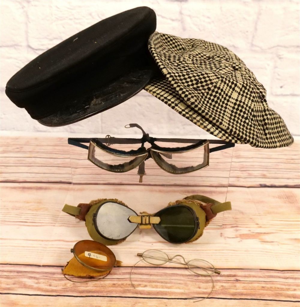 Lot 238: Lot of Antique Driving Hats, Driving Goggles, and Spectacles