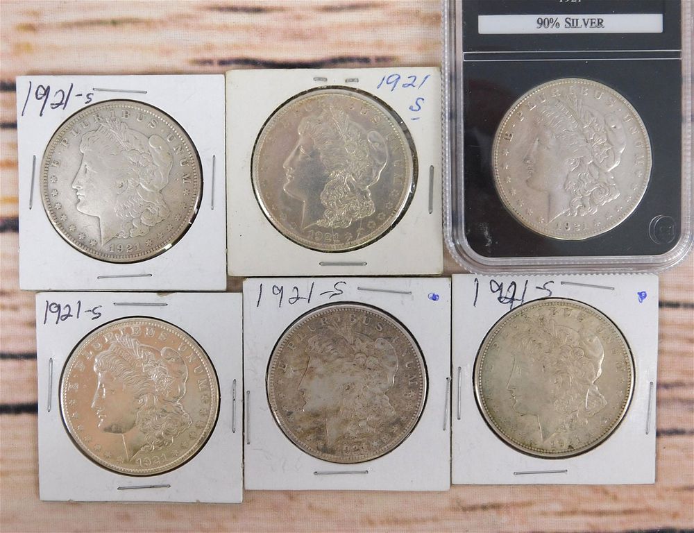 Lot 245: 6 1921 S Morgan Silver Dollars