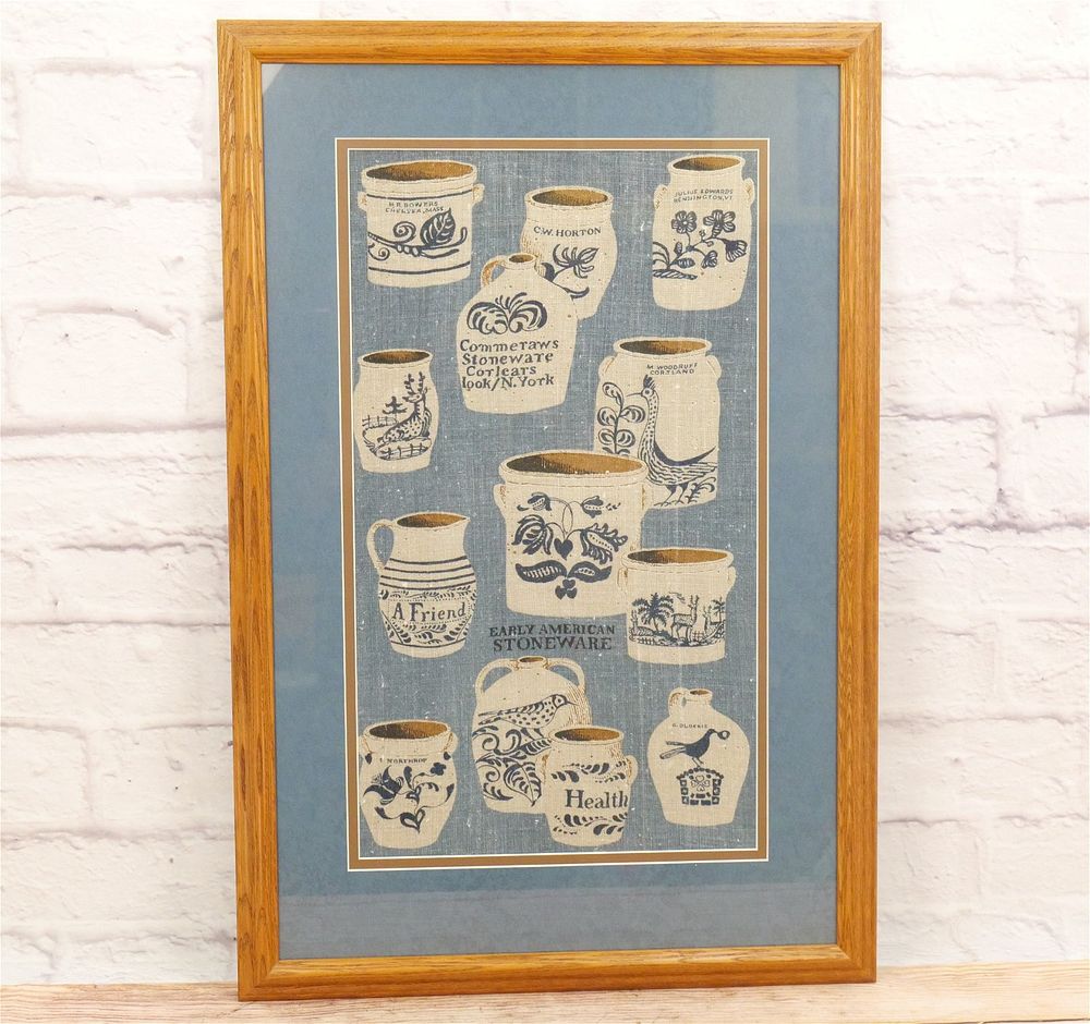 Lot 283: Framed Embroidery of Stoneware Crocks