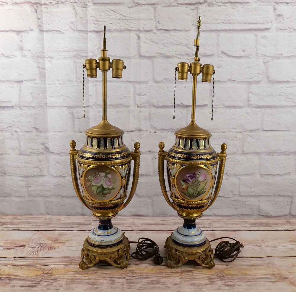 Lot 239: Pair of 19th Century Porcelain Double Handled Urn Table Lamps