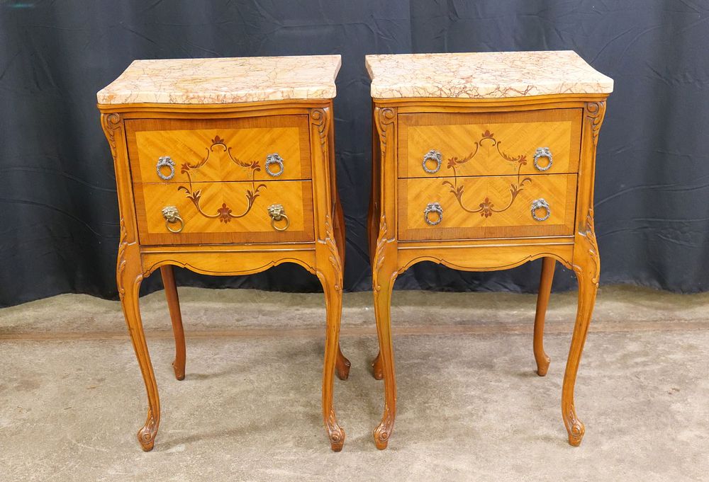 Lot 256: Pair of French Satinwood Marble Top Side Tables/Nightstands