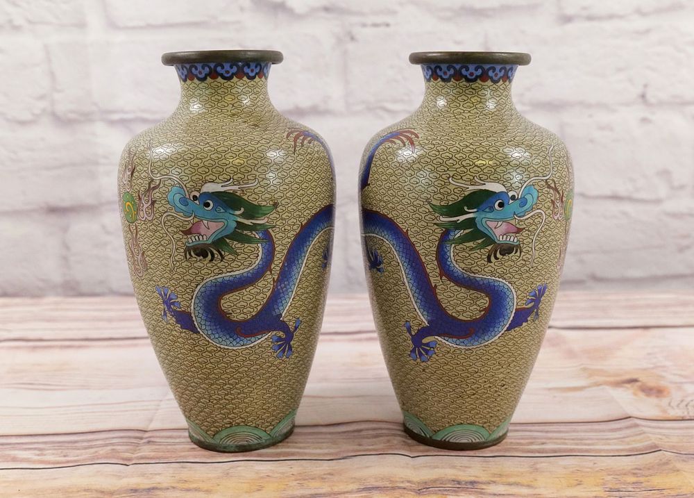 Lot 265: Pair of Cloisonne Vases with Dragon Motif