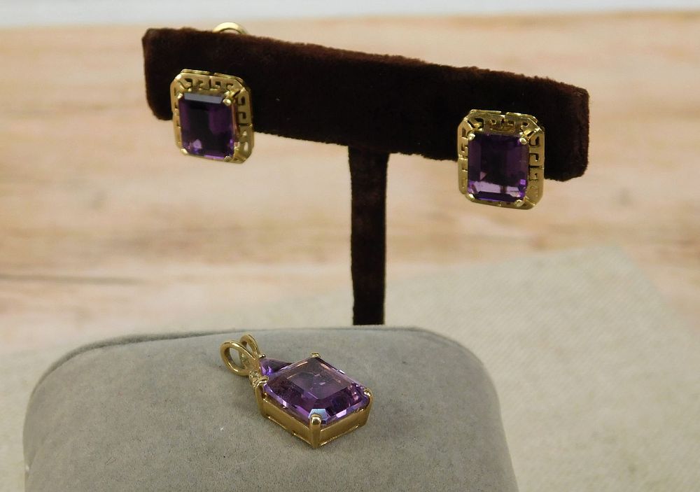 Lot 195: 14K and Amethyst Pendant and Earrings Grouping