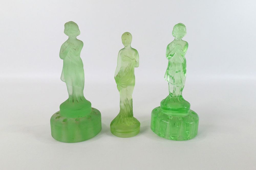 Lot 245: Lot of 3 Green Glass Figurines/Flower Frogs