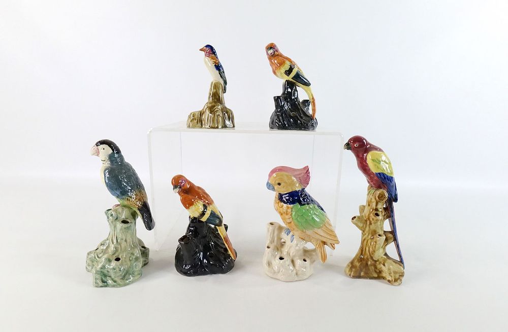 Lot 248: Lot of 6 Ceramic 1950's Parrot Bird Flower Frogs