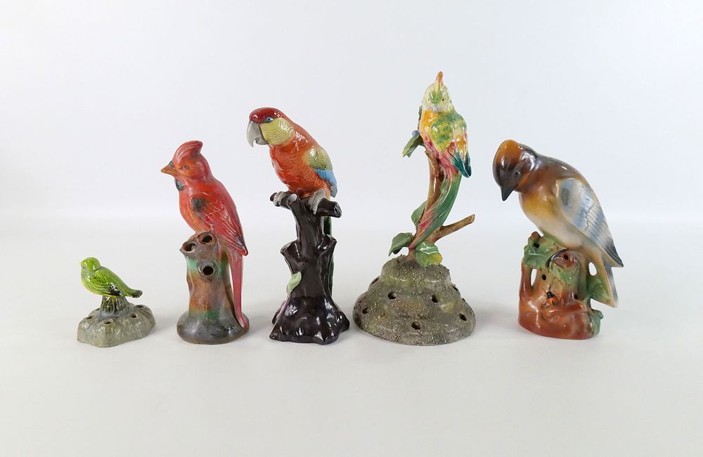 Lot 249: Lot of 5 Ceramic and Porcelain Bird Flower Frogs