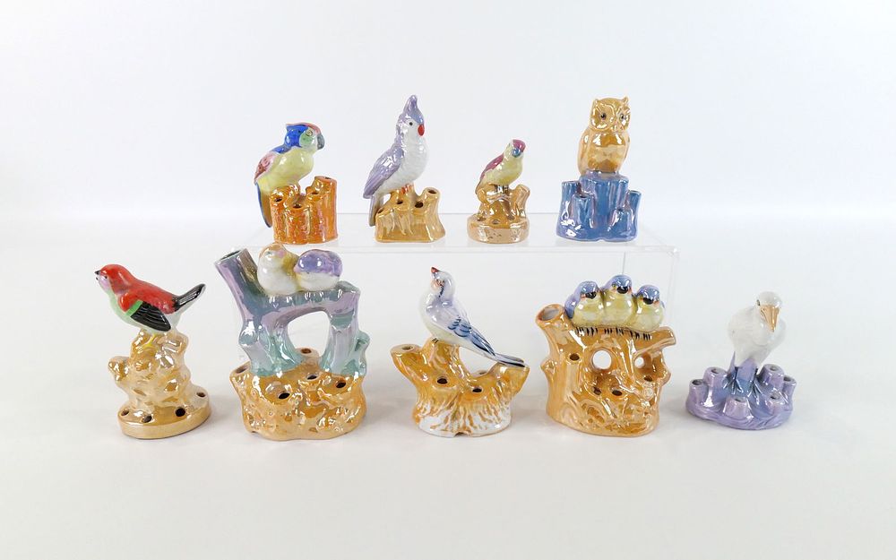 Lot 250: Lot of 9 Lusterware Bird Flower Frogs