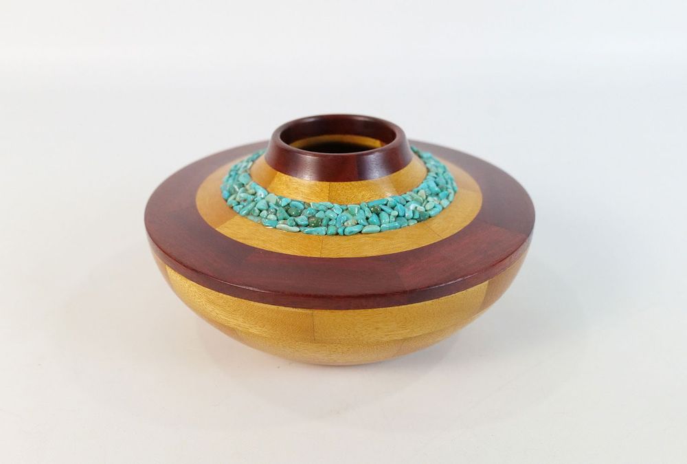 Lot 301: Sculpted Wooden Vase with Turquoise Rimmed Decoration