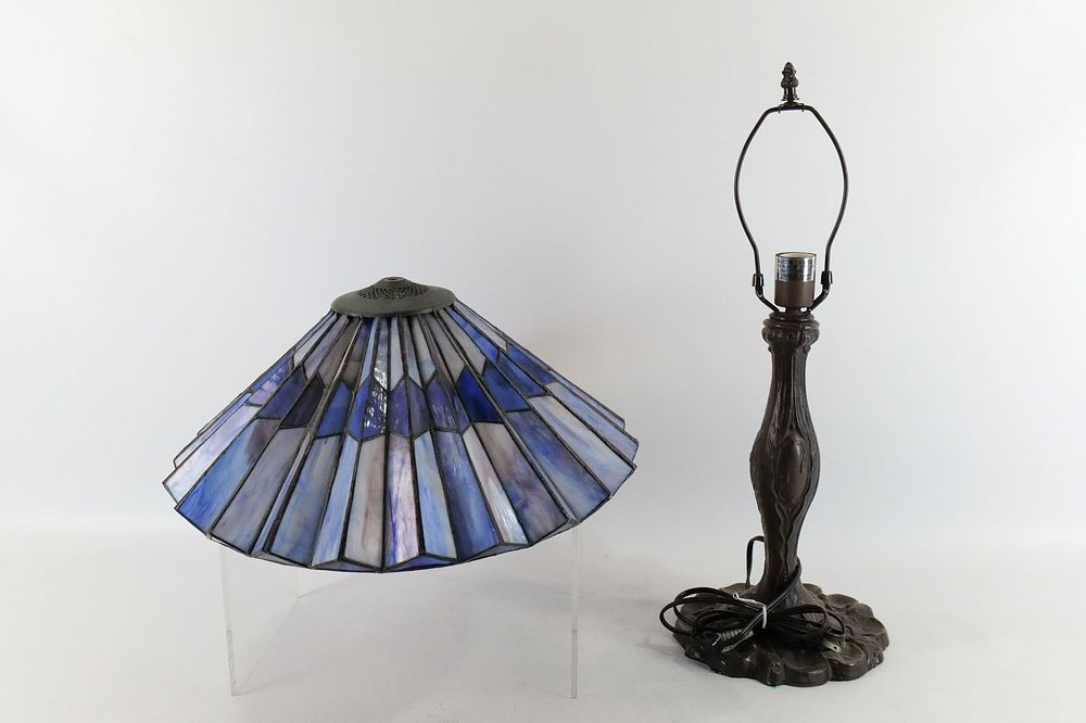 Lot 330: Mixed Metal Lamp with Stained Glass Shade