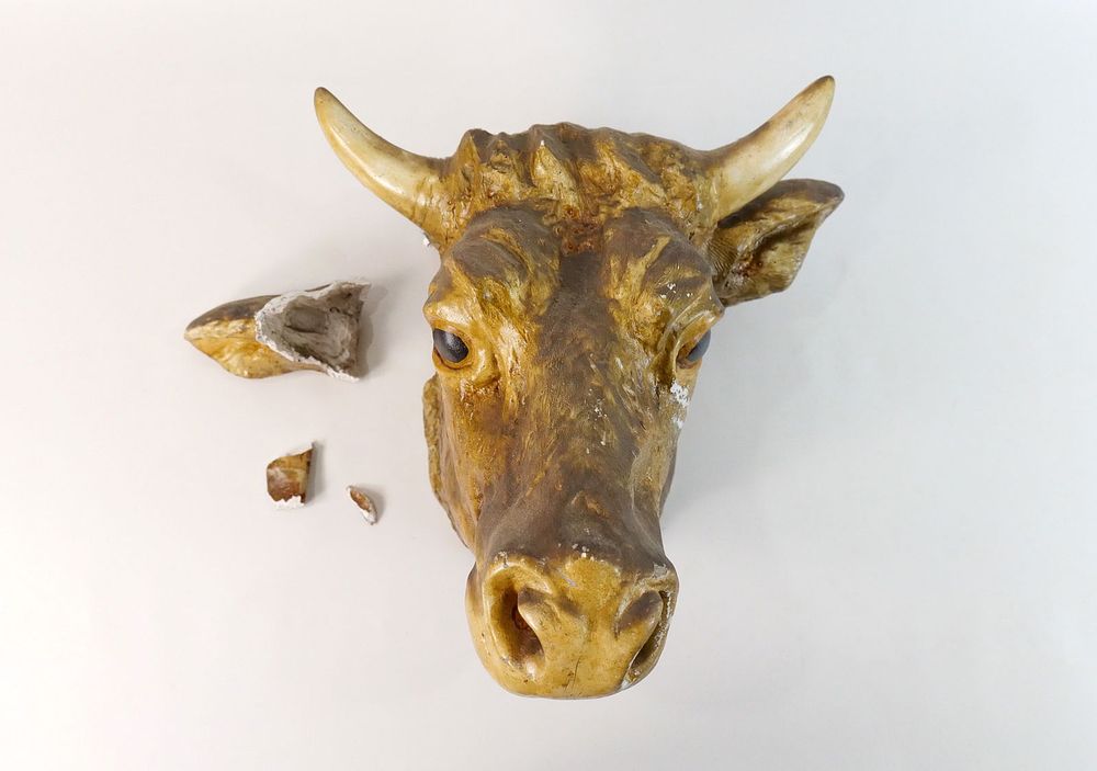 Lot 362: Antique Terra Cotta Cow Head Wall Plaque - AS-IS