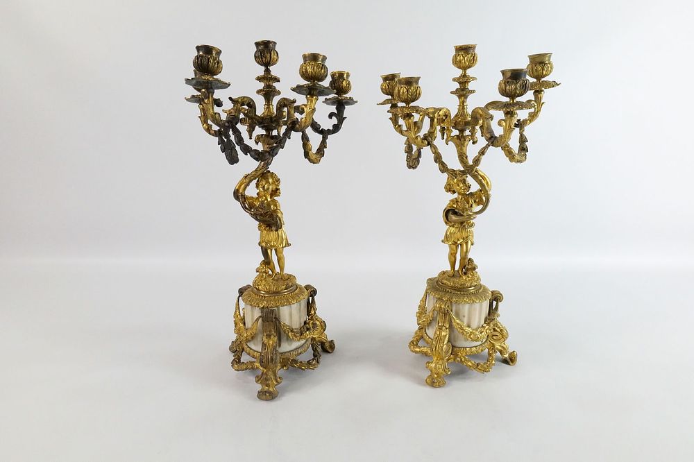 Lot 198: Pair of 19th Century French Bronze and Marble Base Candelabras