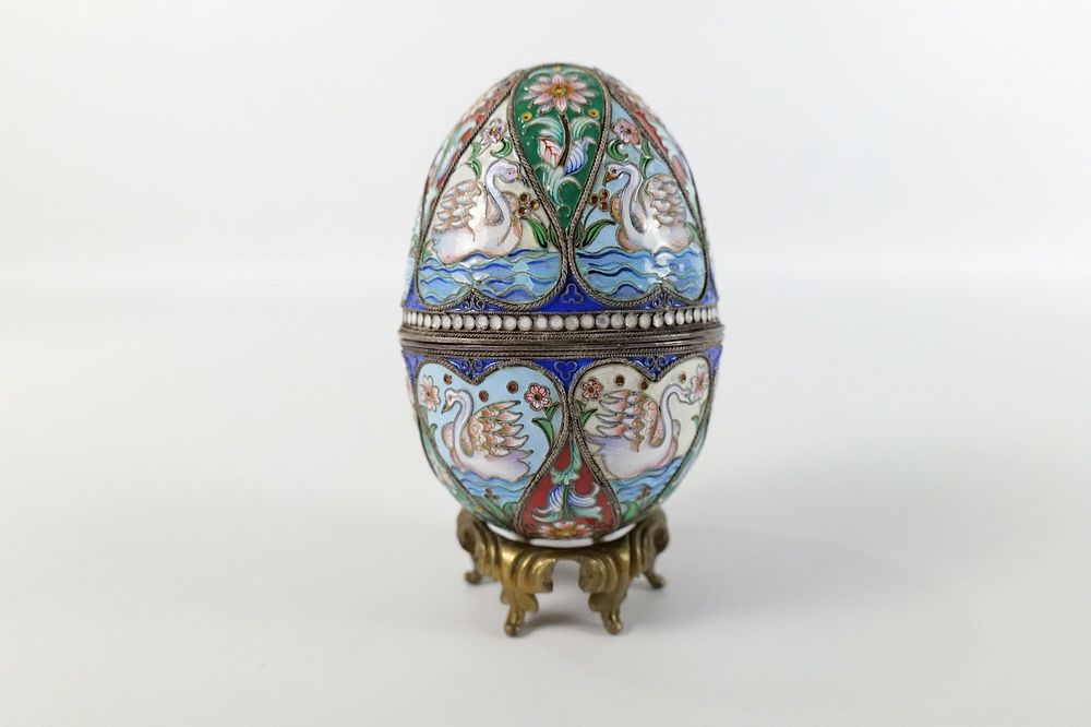 Lot 212: Russian Silver and Enamel Faberge Style Decorative Egg Box
