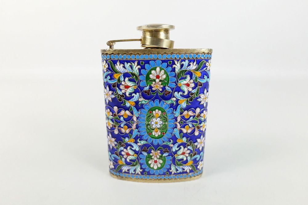 Lot 219: Russian Silver and Enamel Faberge Style Decorative Flask