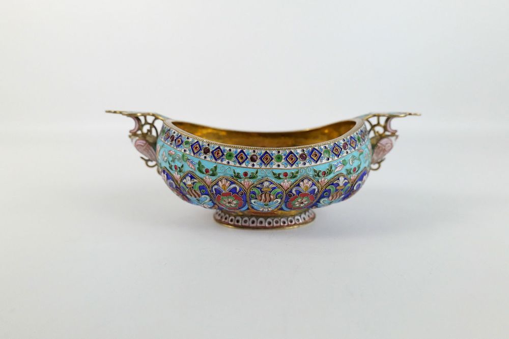 Lot 220: Antique Russian Silver and Enamel Faberge Style Kovsh