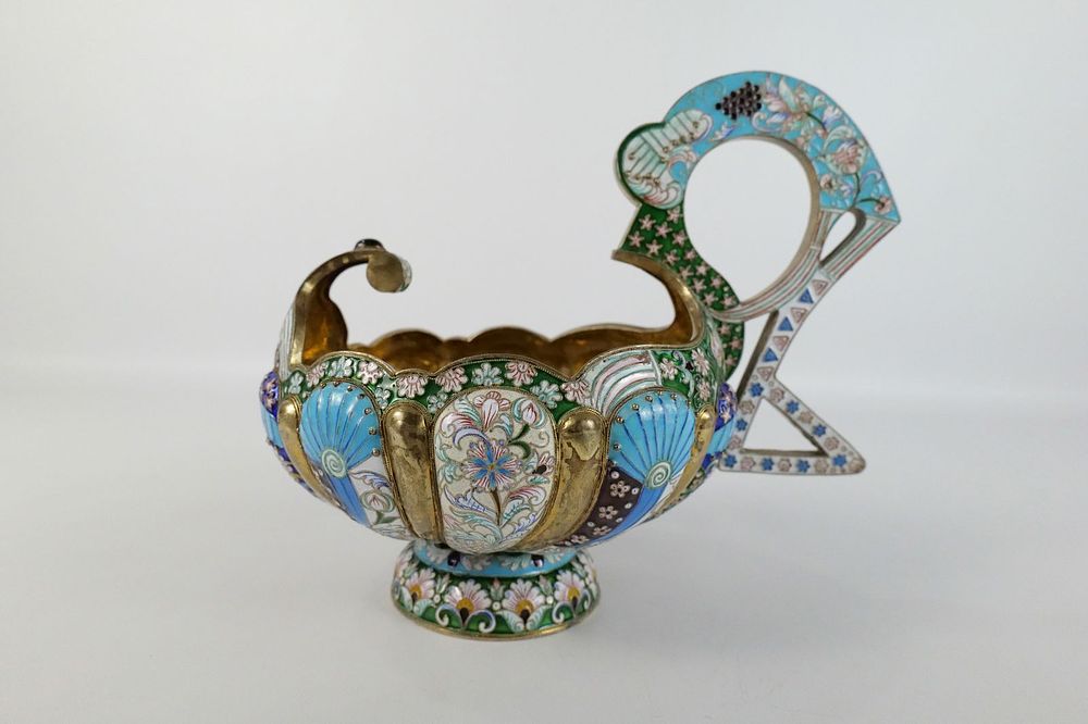 Lot 222: Russian Silver and Enamel Faberge Style Kovsh