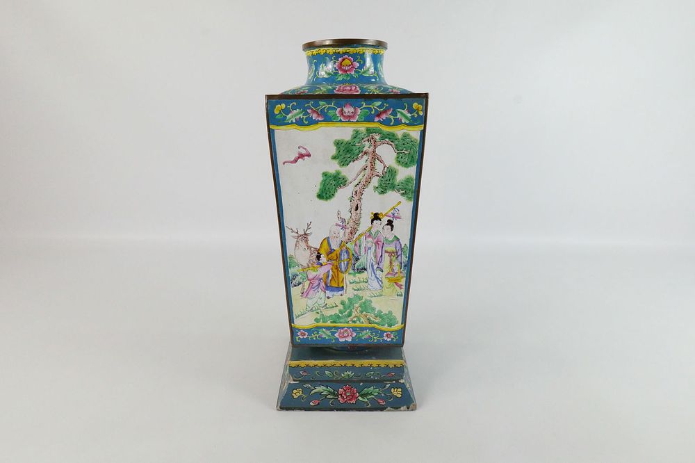 Lot 259: Vintage Enamel and Hand Painted Tall Vase on Base