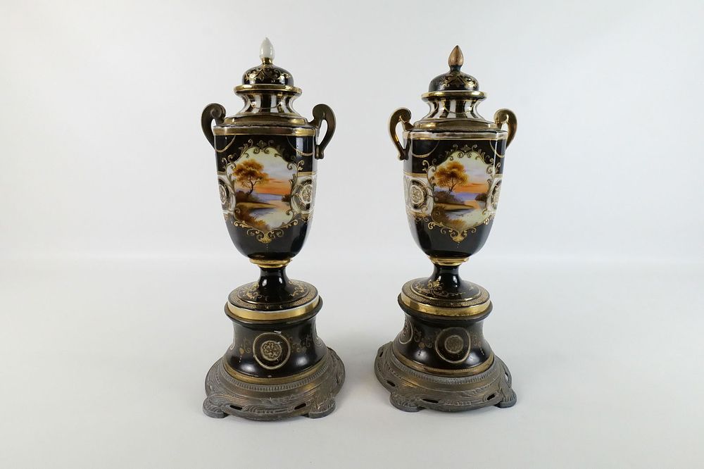 Lot 260: Pair of Hand Painted Decorative Urns on Wooden Lamp Bases