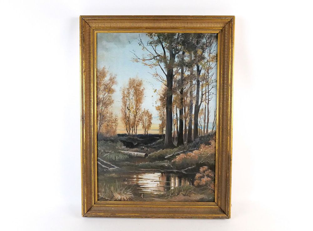 Lot 176: Oil on Canvas - Stream in Forest Scene