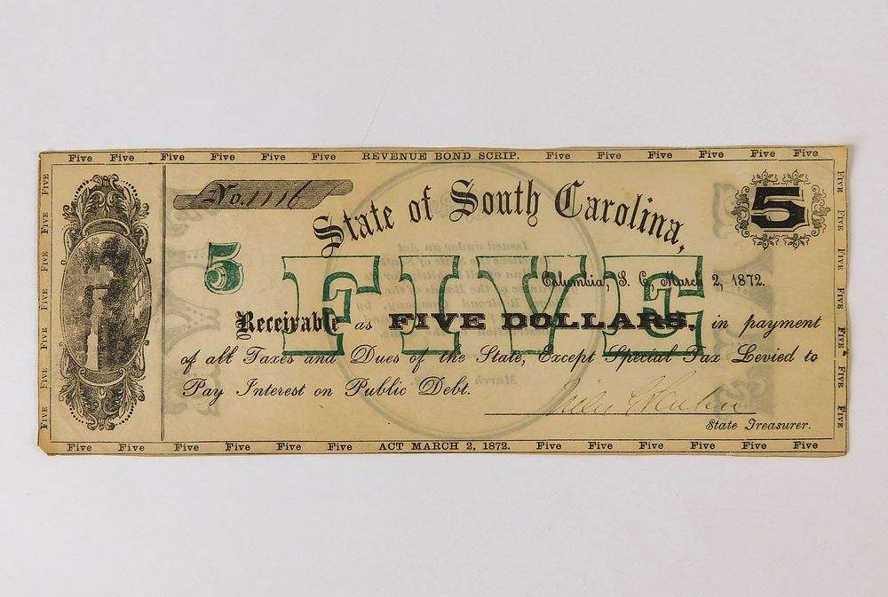 Lot 216: 1872 State of South Carolina Blue Ridge RR $5 Note