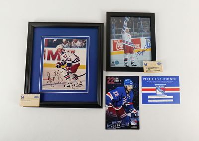 Lot of 3 New York Rangers Signed Items. Including Mike Gartner Waving to Crowd after 600th Goal 