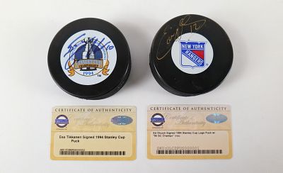Lot of 2 New York Rangers Signed Stanley Cup Hockey Pucks. Lot of 2 New York Rangers Signed 