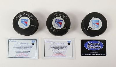 Lot of 3 New York Rangers Signed Hockey Pucks. Including Brian Noonan with Autograph Warehouse 