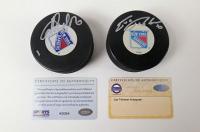 Lot of 2 New York Rangers Signed Hockey Pucks. Including Sergei Zubov with Sports Memorabilia 