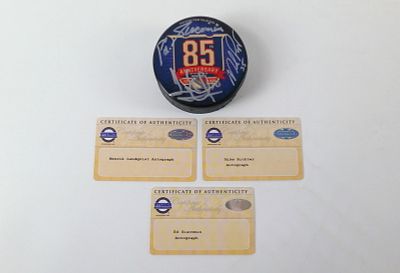 Triple Signed New York Rangers 85th Anniversary Hockey Puck. Signatures include Mike Richter 