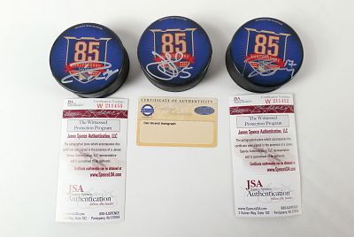 Lot of 3 New York Rangers Autographed Hockey Pucks. Lot of 3 New York Rangers 85th Anniversary 