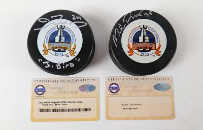 Lot of 2 New York Rangers Signed Stanley Cup Championship Hockey Pucks. Including Jay Wells 