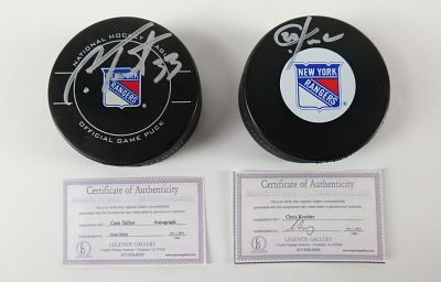 Lot of 2 New York Rangers Autographed Hockey Pucks. Including Chris Kreider and Cam Talbot. 