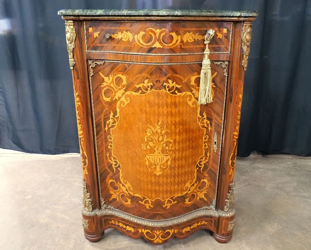 Lot 302: French Marble Top Inlaid Front Corner Server