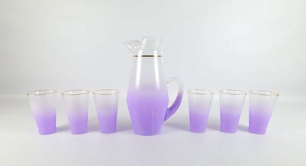 Lot 326: Blendo Purple Frosted Glass Pitcher and Tumbler Set