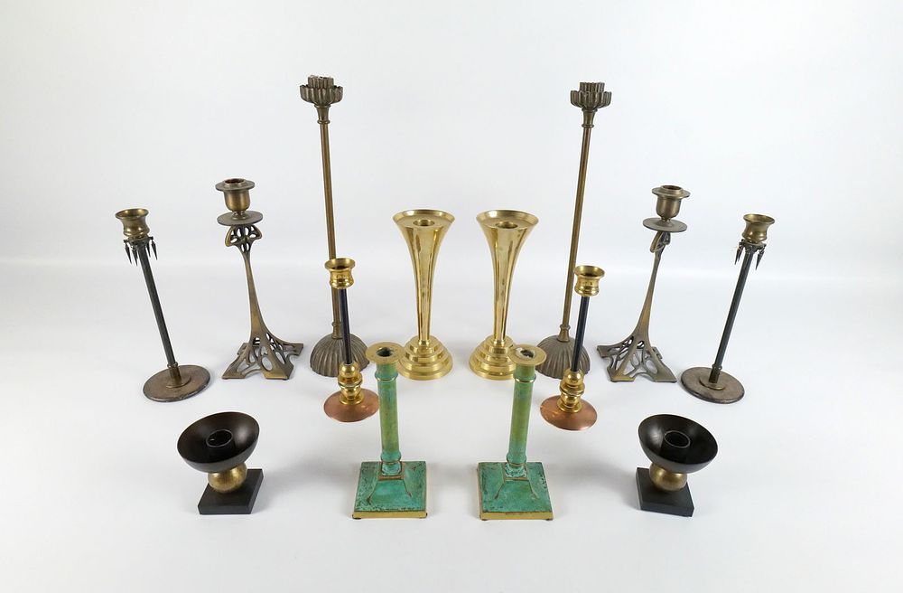 Lot 345: Lot of 7 Pairs of Brass and Mixed Metal Candlesticks