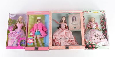 Lot of 4 Barbie Dolls. Including Rose Barbie, Rose Princess, Groovy 60's and Grand Entrance