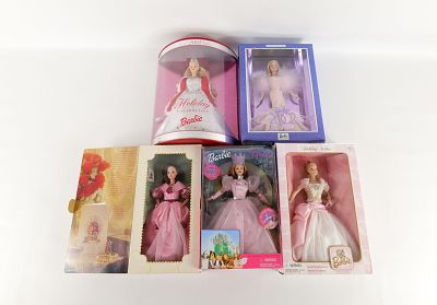 Lot of 5 Barbie Dolls. Including Holiday Celebration Barbie 2001, Sweet Valentine Barbie