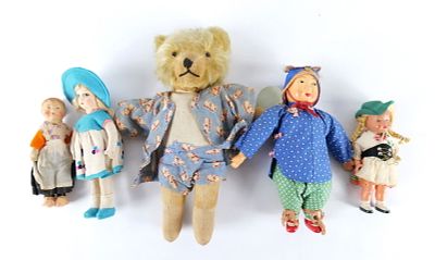 Lot of Vintage Dolls and Bears. Including Cloth, Celluloid, and Hard Plastic. One girl missing