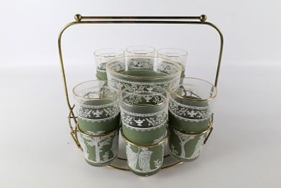 Wedgwood Jeanette Hellenic Green Jasperware Glass Set - Mid Century Modern. Comes with Center