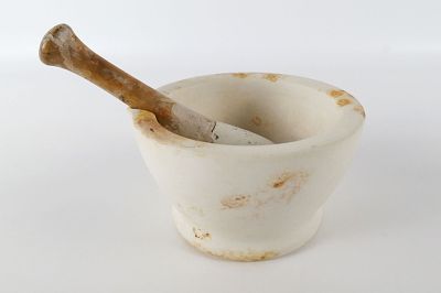 Antique Wedgwood Stoneware Mortar and Pestle. Stamped Wedgwood on the underside. Some staining