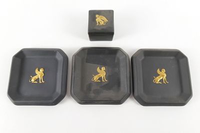 Lot of 4 Wedgwood Black Basalt Jasperware Pieces. All gold on black Egyptian Motif. Including