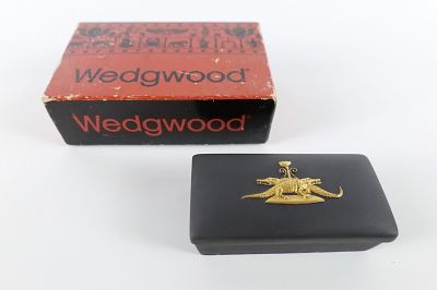 Wedgwood Egyptian Collection Oblong Candy/Trinket Box. Black Basalt Jasperware with Gilded Gold