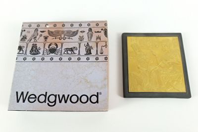 Wedgwood Egyptian Black Jasperware and Gold Gilded Plaque. "Beloved the Great Enchantress".