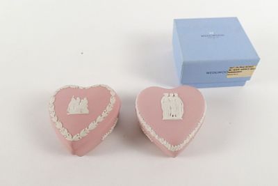 Lot of 2 Wedgwood Pink and White Jasperware Heart Shaped Trinket Boxes. Including Three Graces